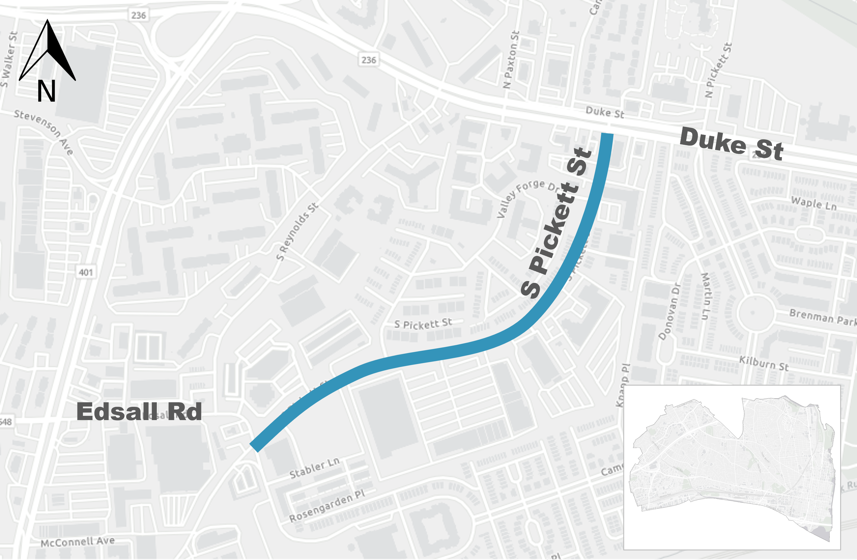 A map showing the project area, which is South Pickett Street between Duke Street and Edsall Road