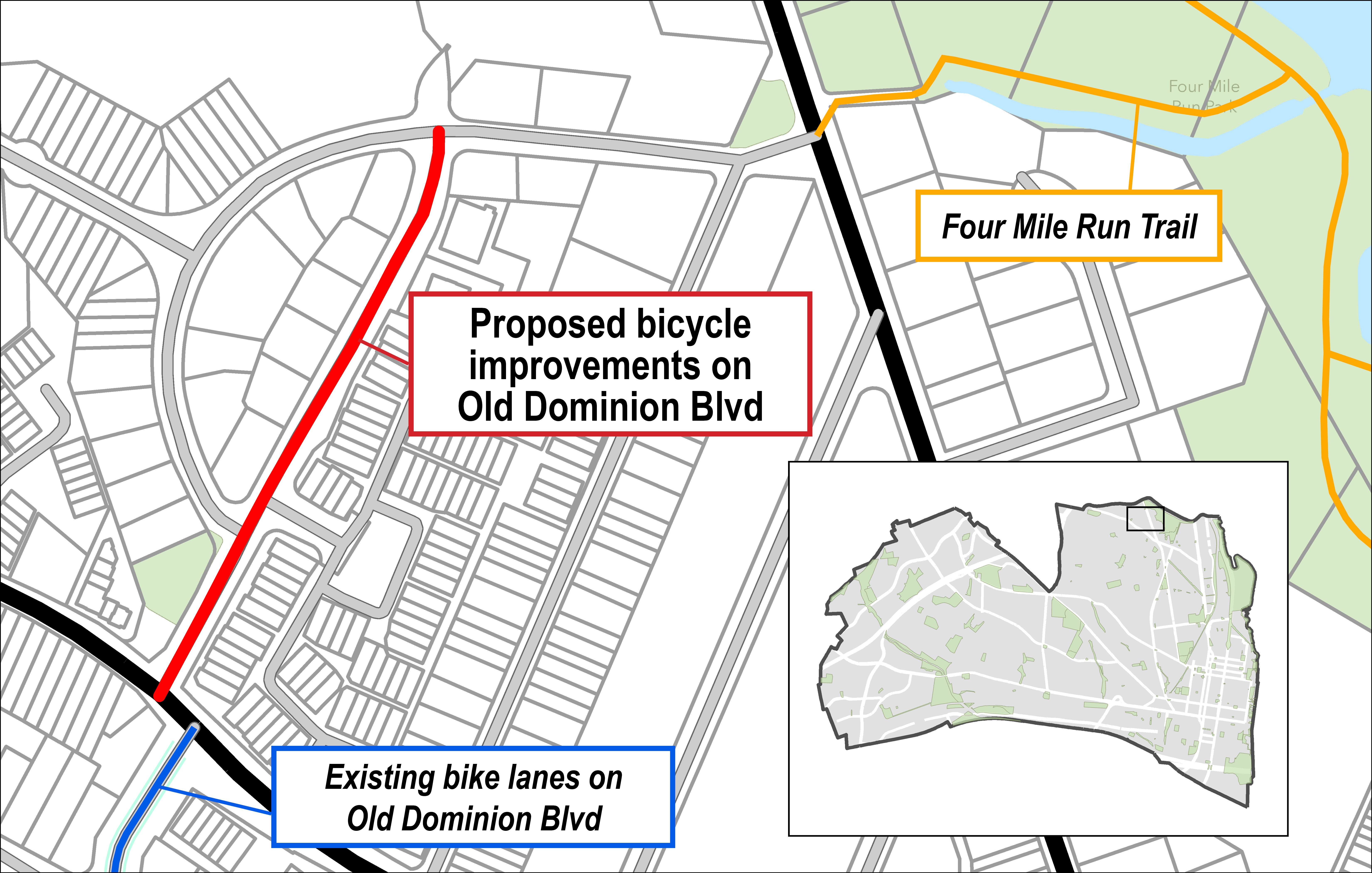 Map shows the location of proposed bike improvements on Old Dominion Boulevard in relation to existing bike lanes and the Four Mile Run Trail.