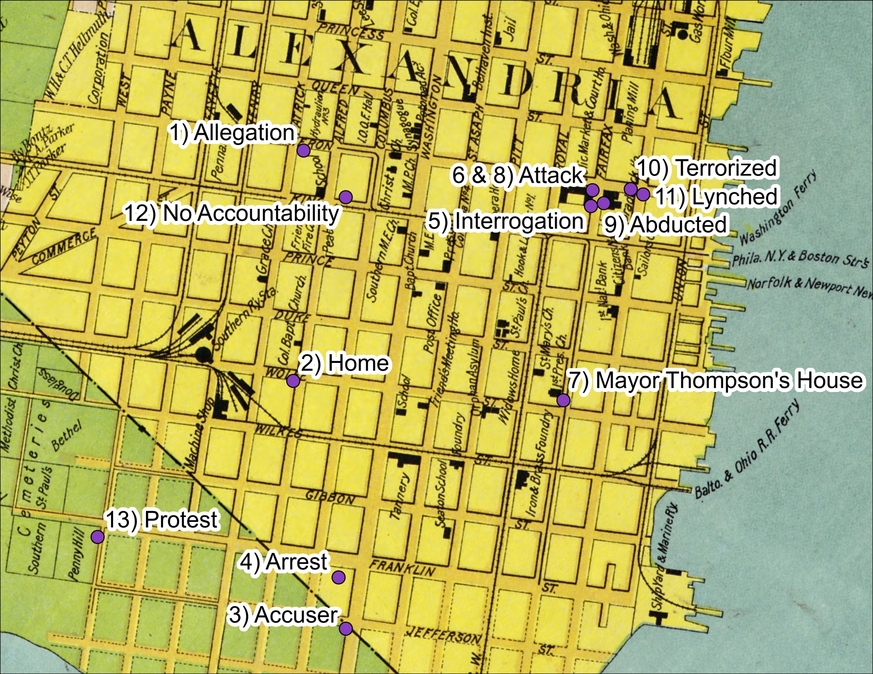 history map showing grid layout of southern Old Town Alexandria with 12 points of interest overlayed
