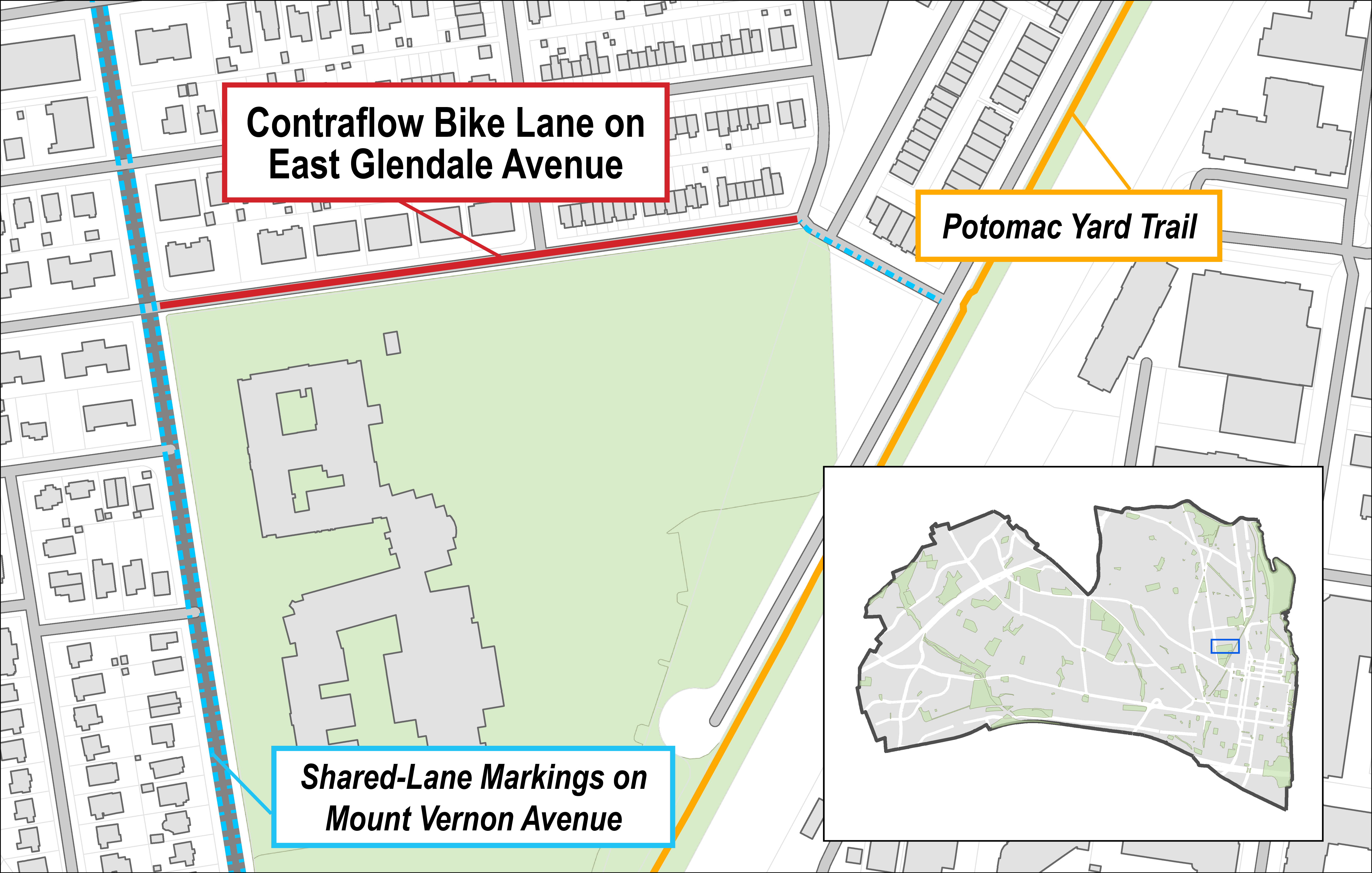 This map shows the location of the East Glendale Avenue contraflow bike lane and how it connects to existing bicycle infrastructure.