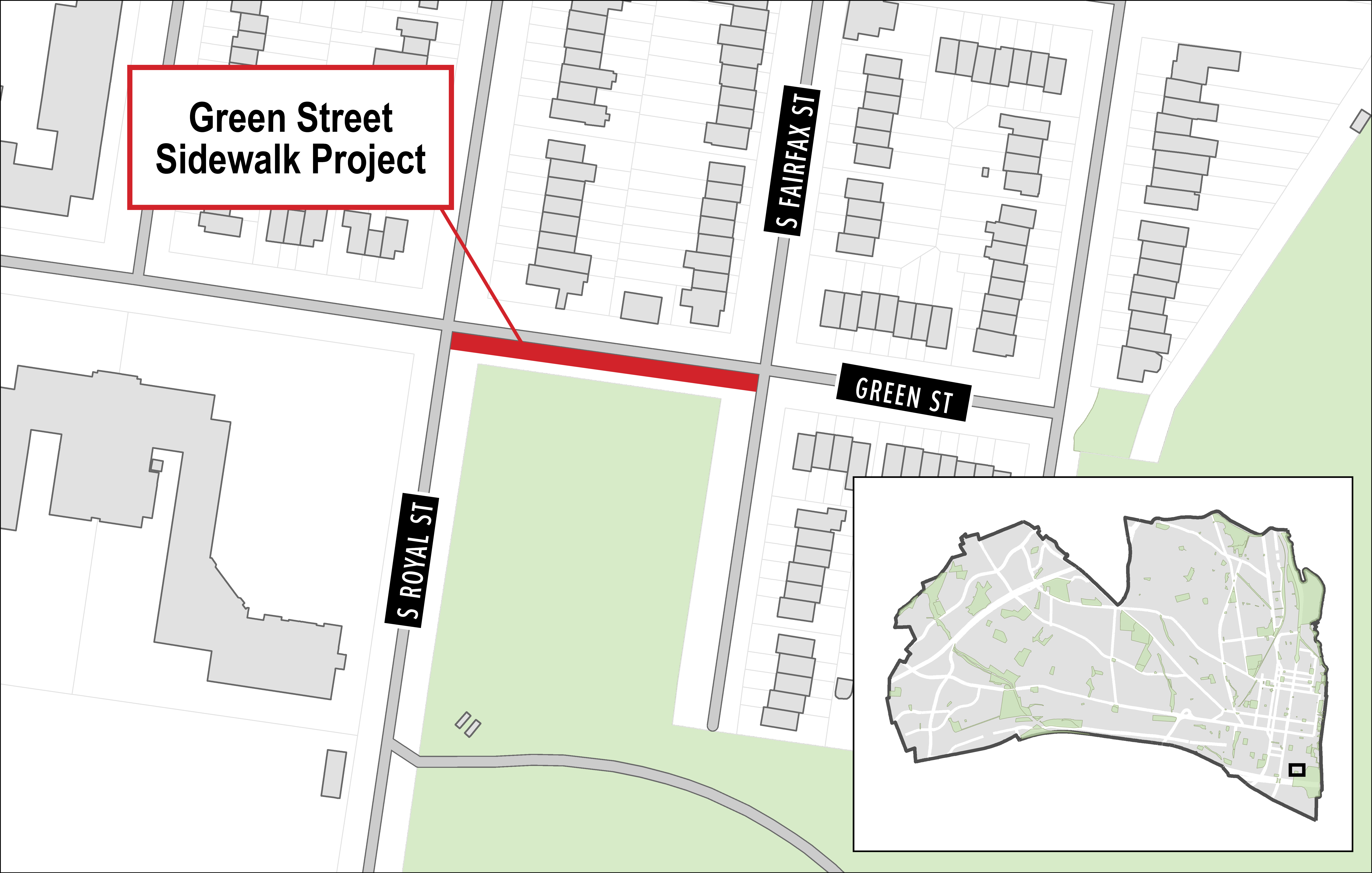 Map showing the location of the Green Street Sidewalk Project and how it relates to nearby streets, the community garden, and other points of interest.