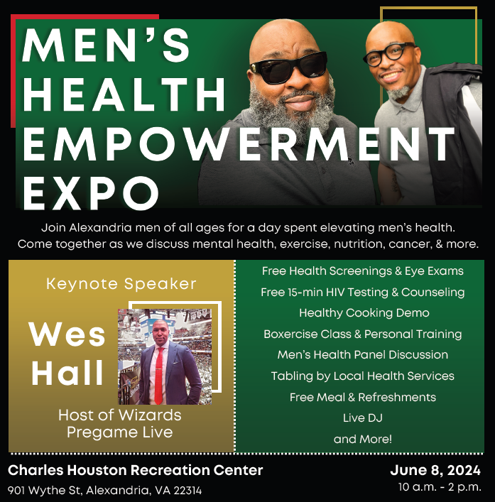 Flyer with details for Men's Health Empowerment Expo - June 8, 2024 at Charles Houston Recreation Center