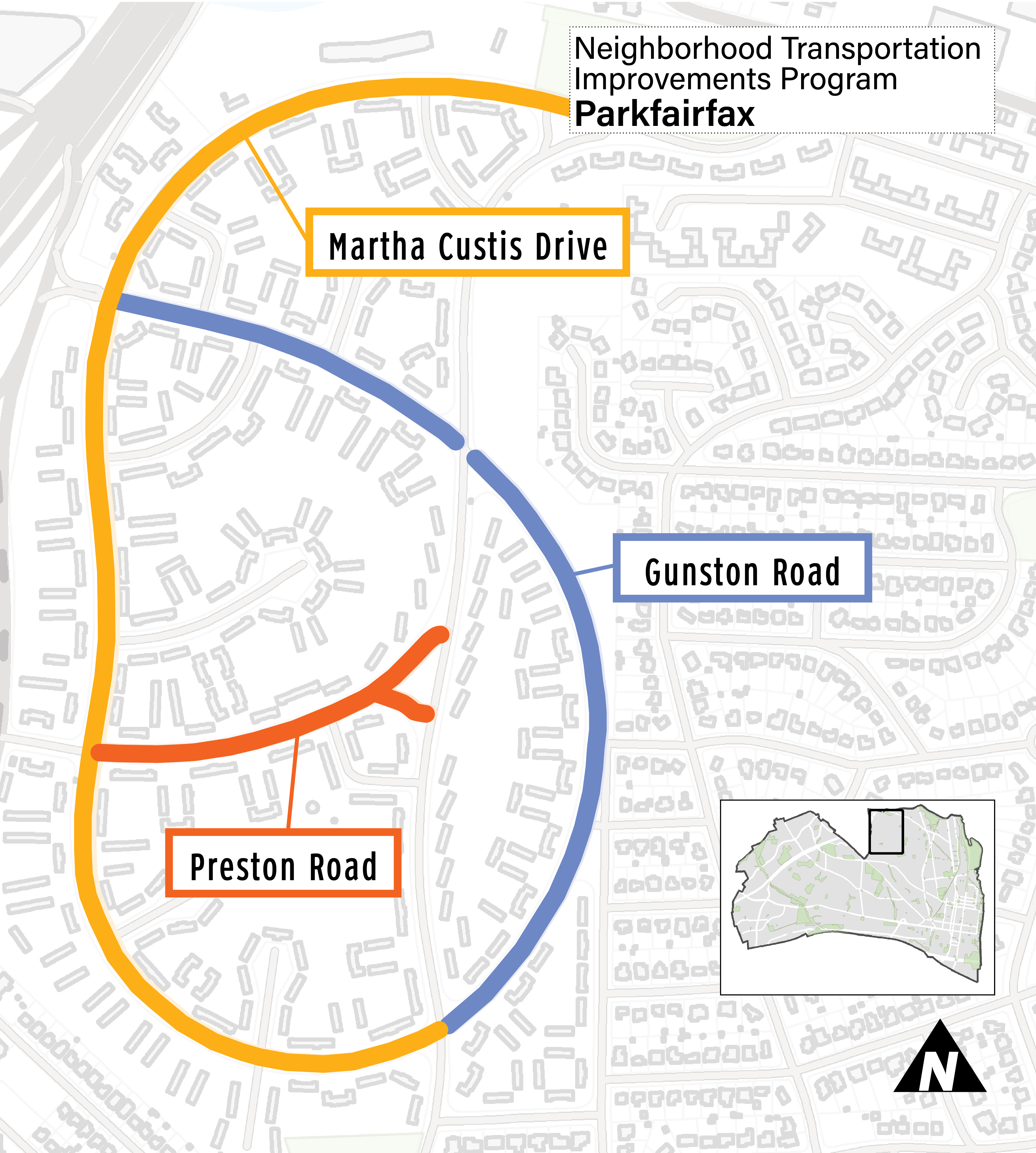 Image of a map showing the Parkfairfax neighborhood. Three roads are highlighted: Martha Custis Drive, Gunston Road, and Preston Road.