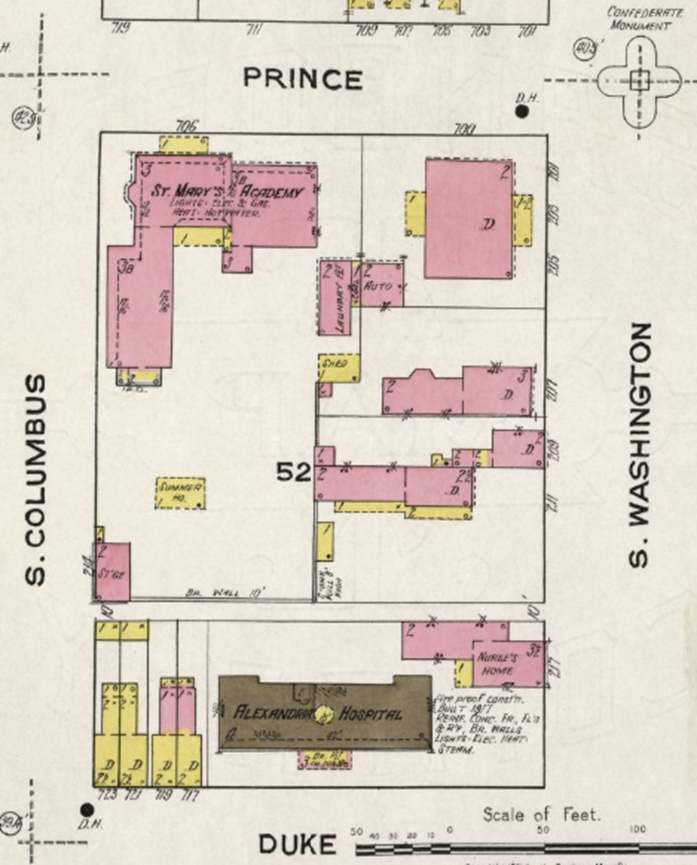 Insurance map of block showing hospital and adjacent buildings