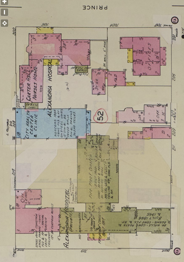 Insurance map of block showing hospital and adjacent buildings, with updates from 1959