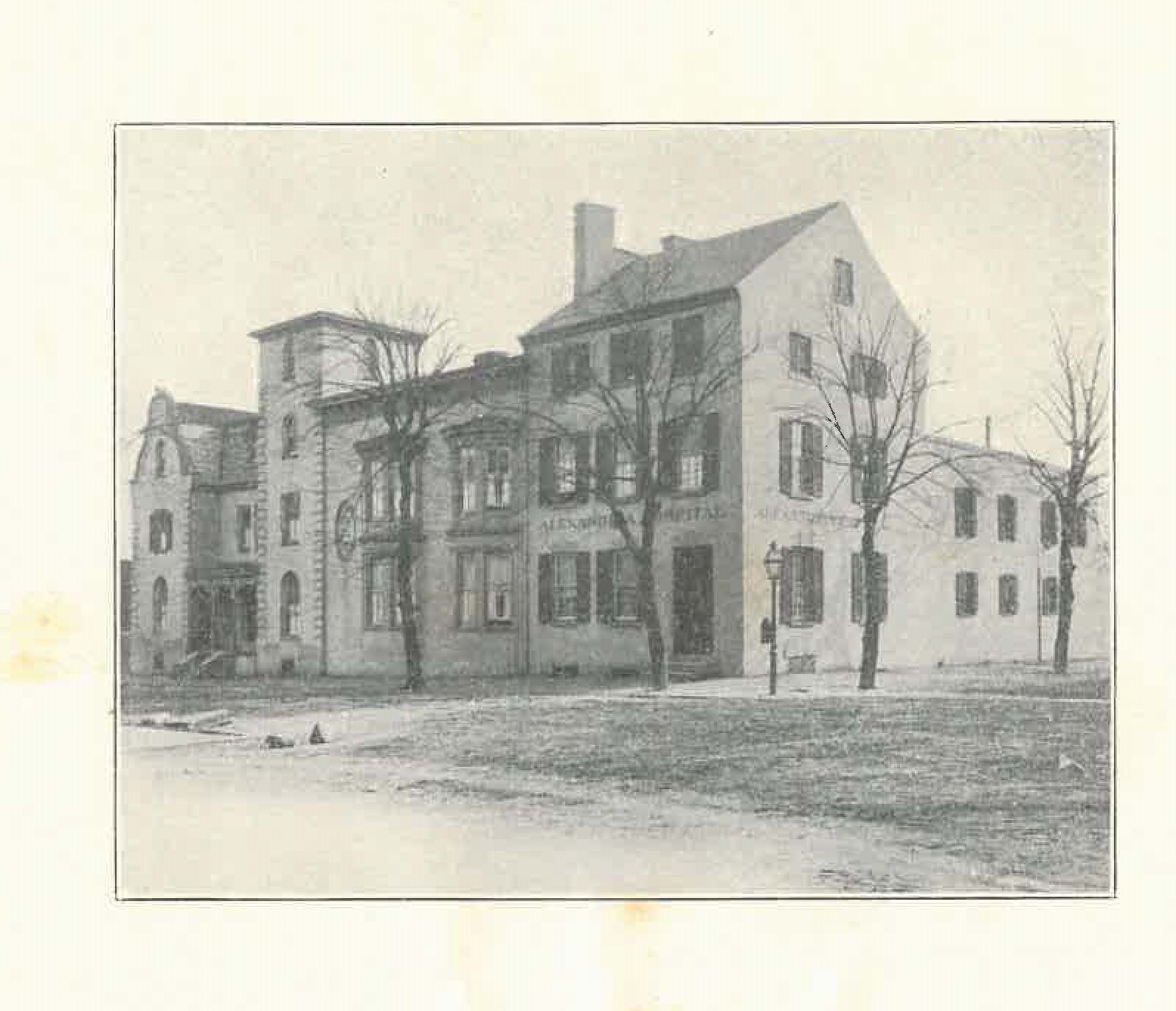 Black and white photo of large building