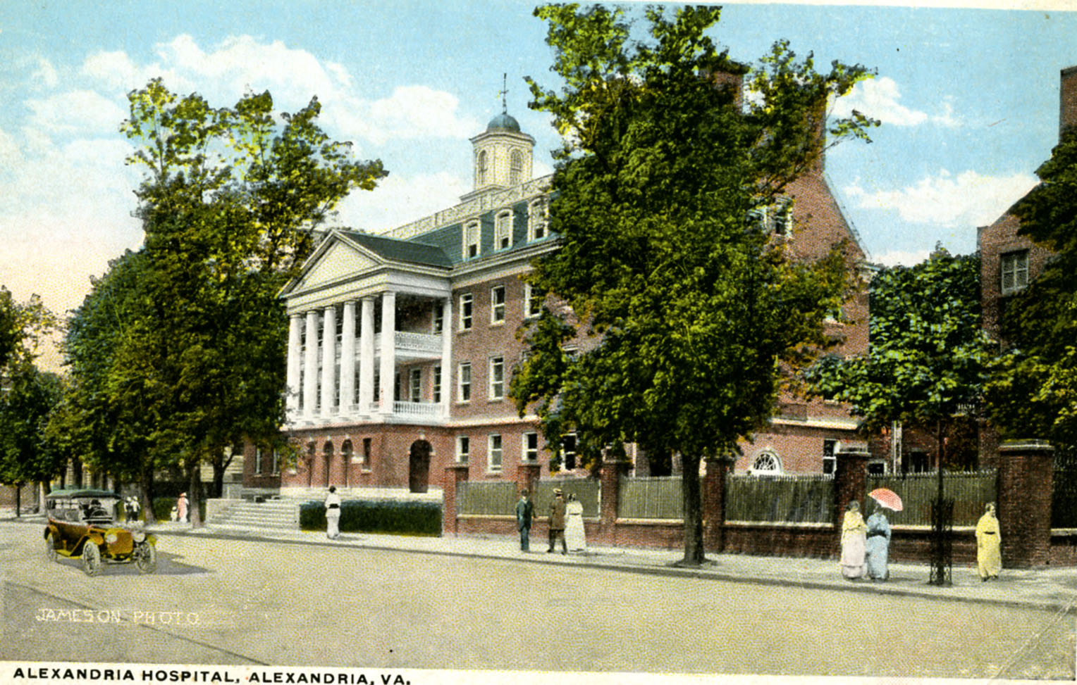 Postcard showing front of hospital with porches