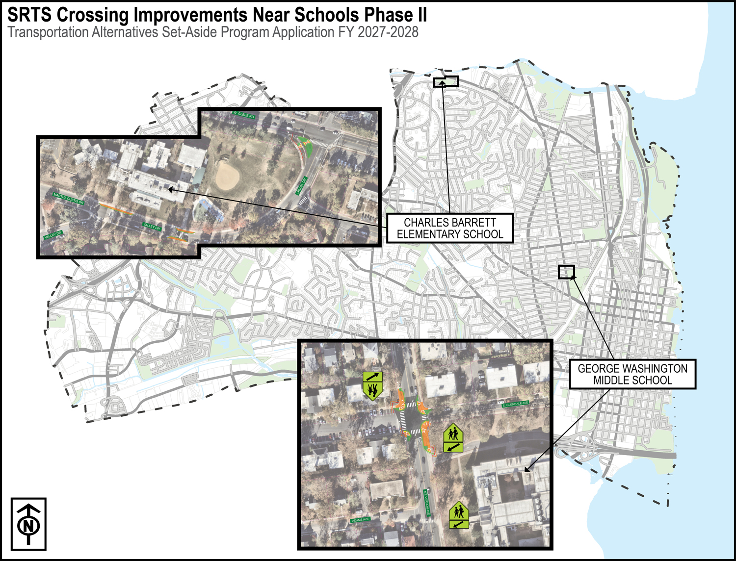 Map of Alexandria highlighting the location for proposed improvements at Charles Barrett Elementary School and  George Washington Middle School.