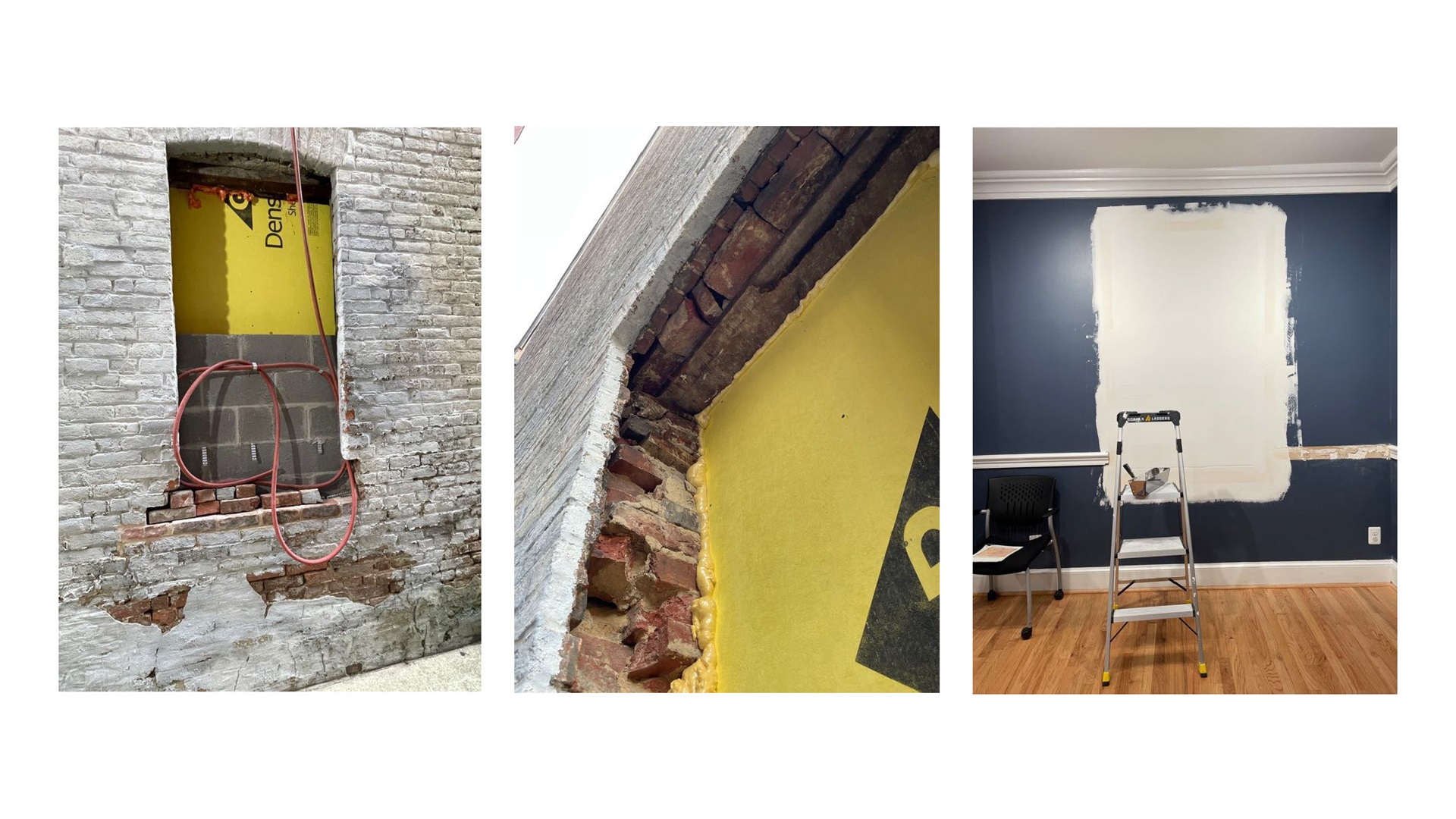Three photos showing process of bricking in windows