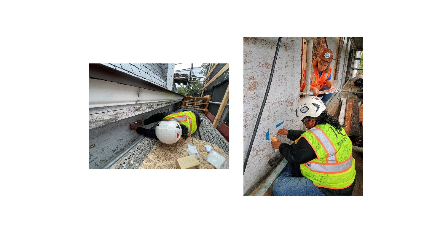 Taking samples for paint analysis, two images.