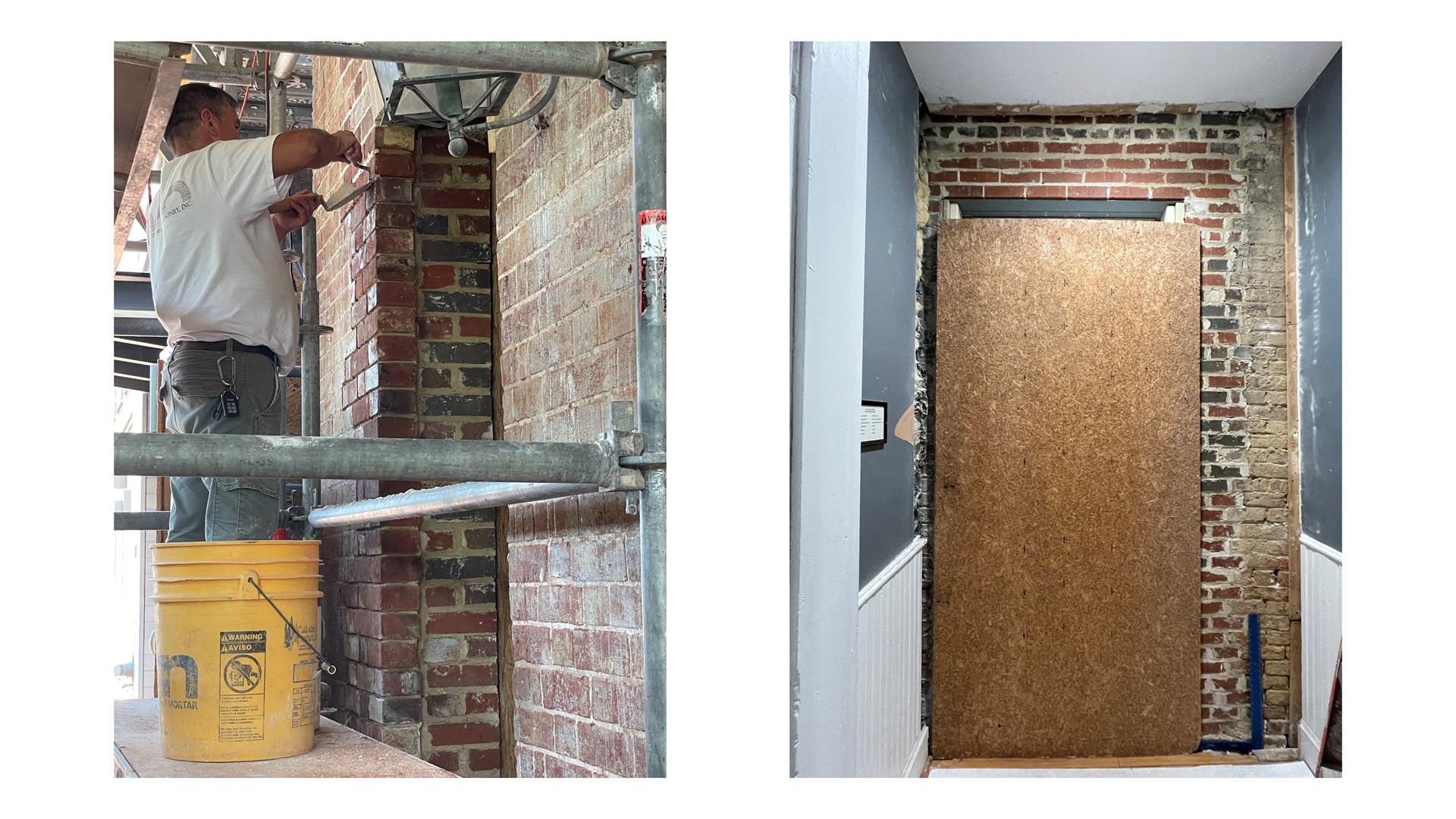 mason rebuilding door surround; view from interior