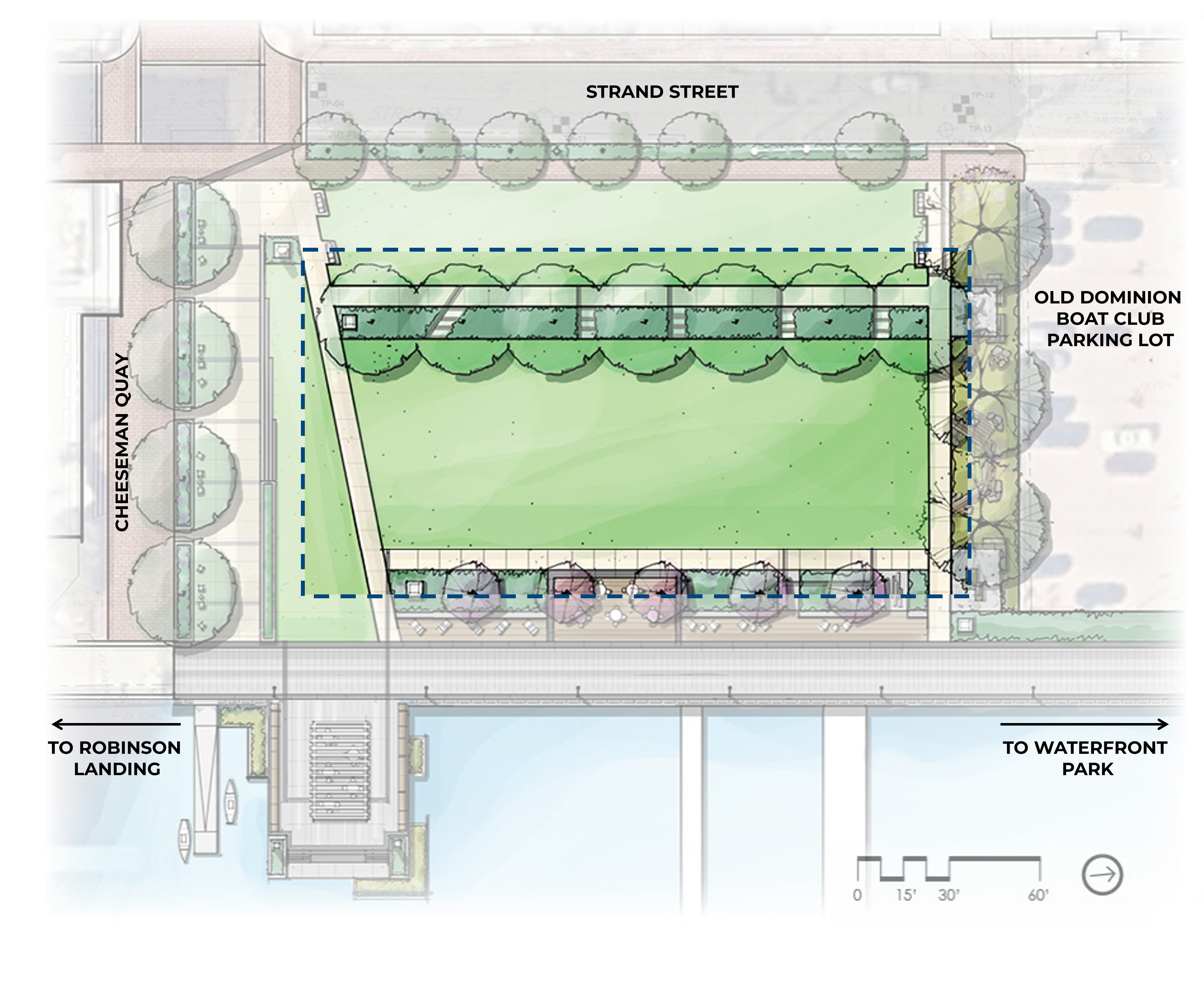 Bird's-eye view rendering of proposed landscape improvements for Point Lumley Park highlighting the great lawn area.