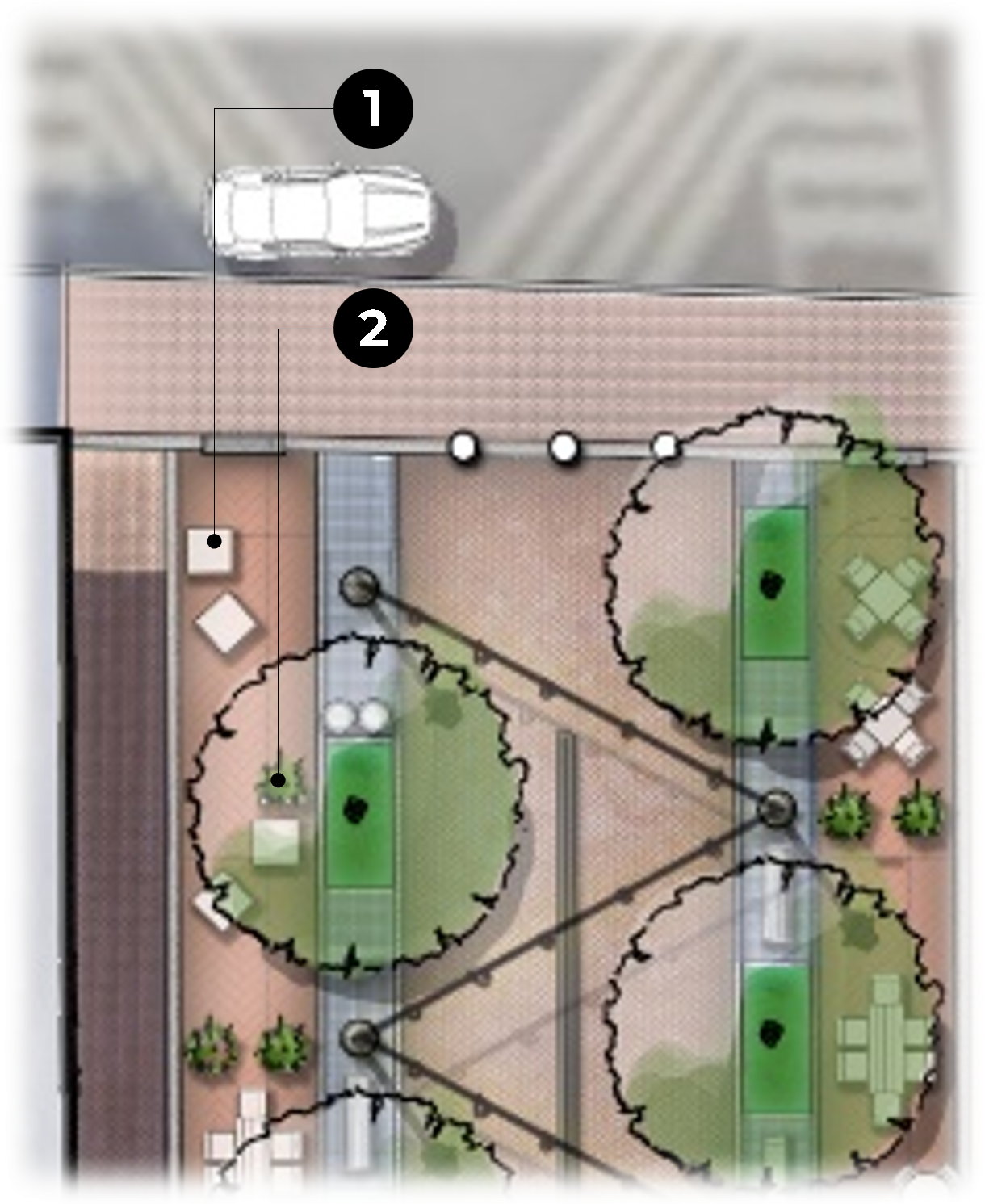 Rendering map of King Street-Strand Street Pedestrian Area with components numbered.