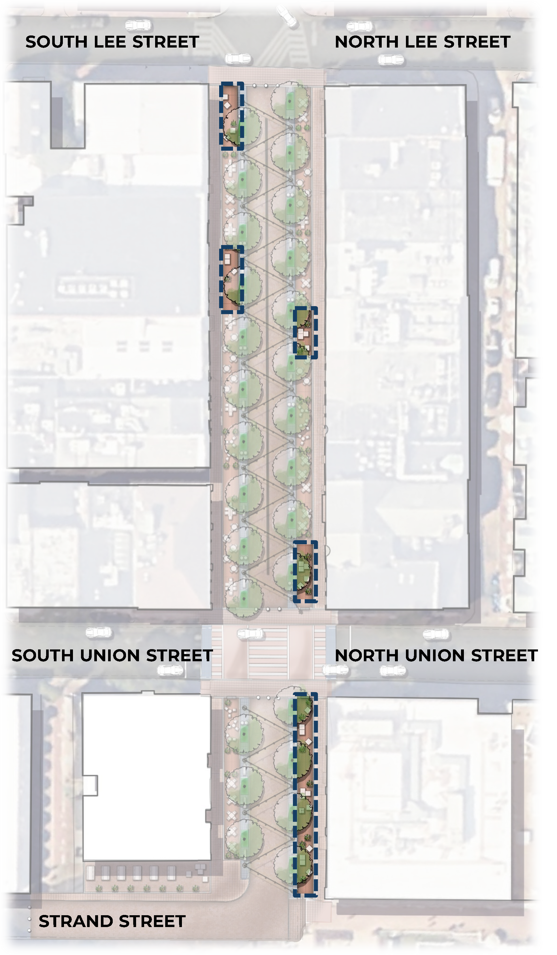 Rendering map of King Street-Strand Street Pedestrian Area with the pop-up areas highlighted.