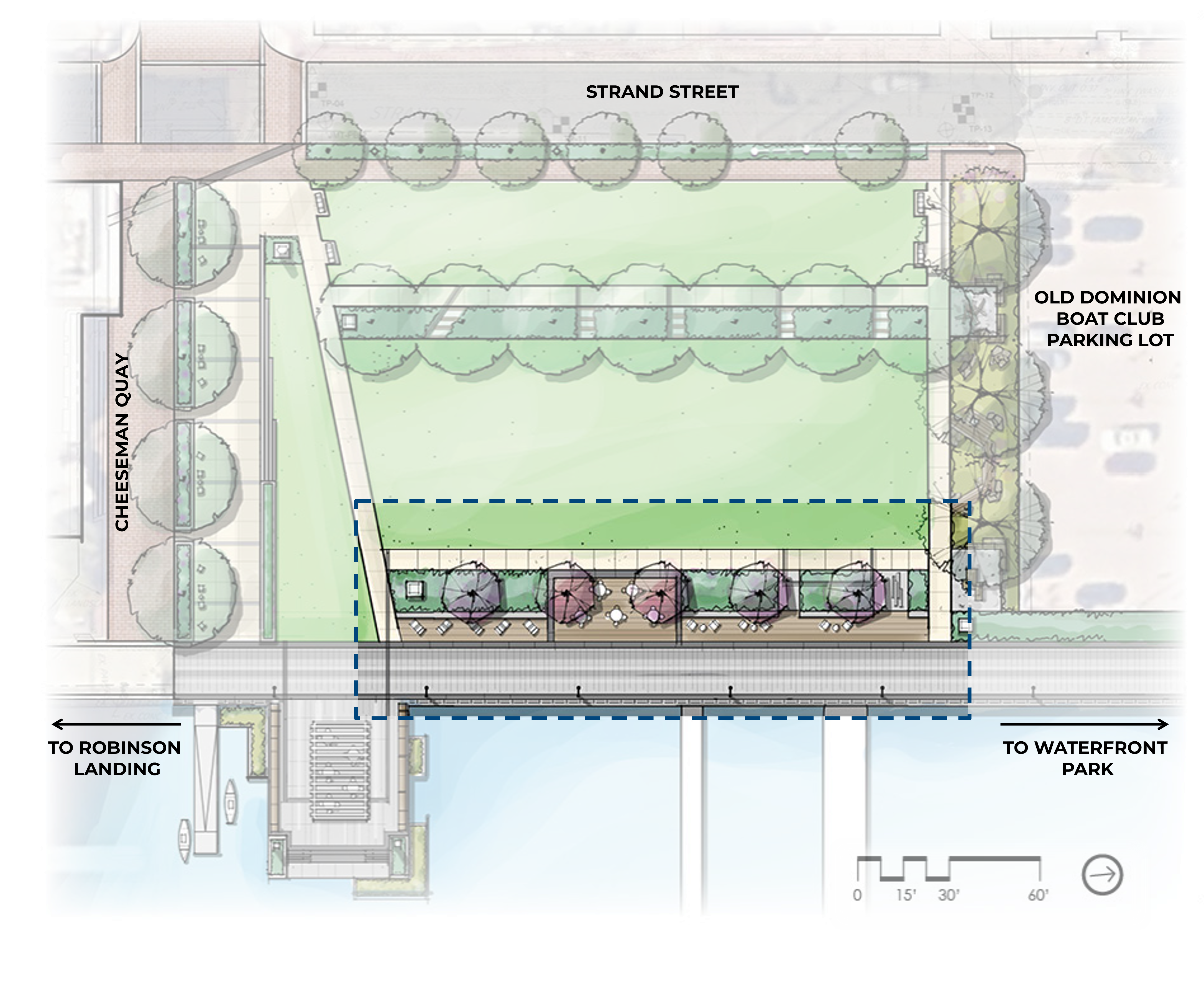 Bird's-eye view rendering of proposed landscape improvements for Point Lumley Park highlighting the promenade location.