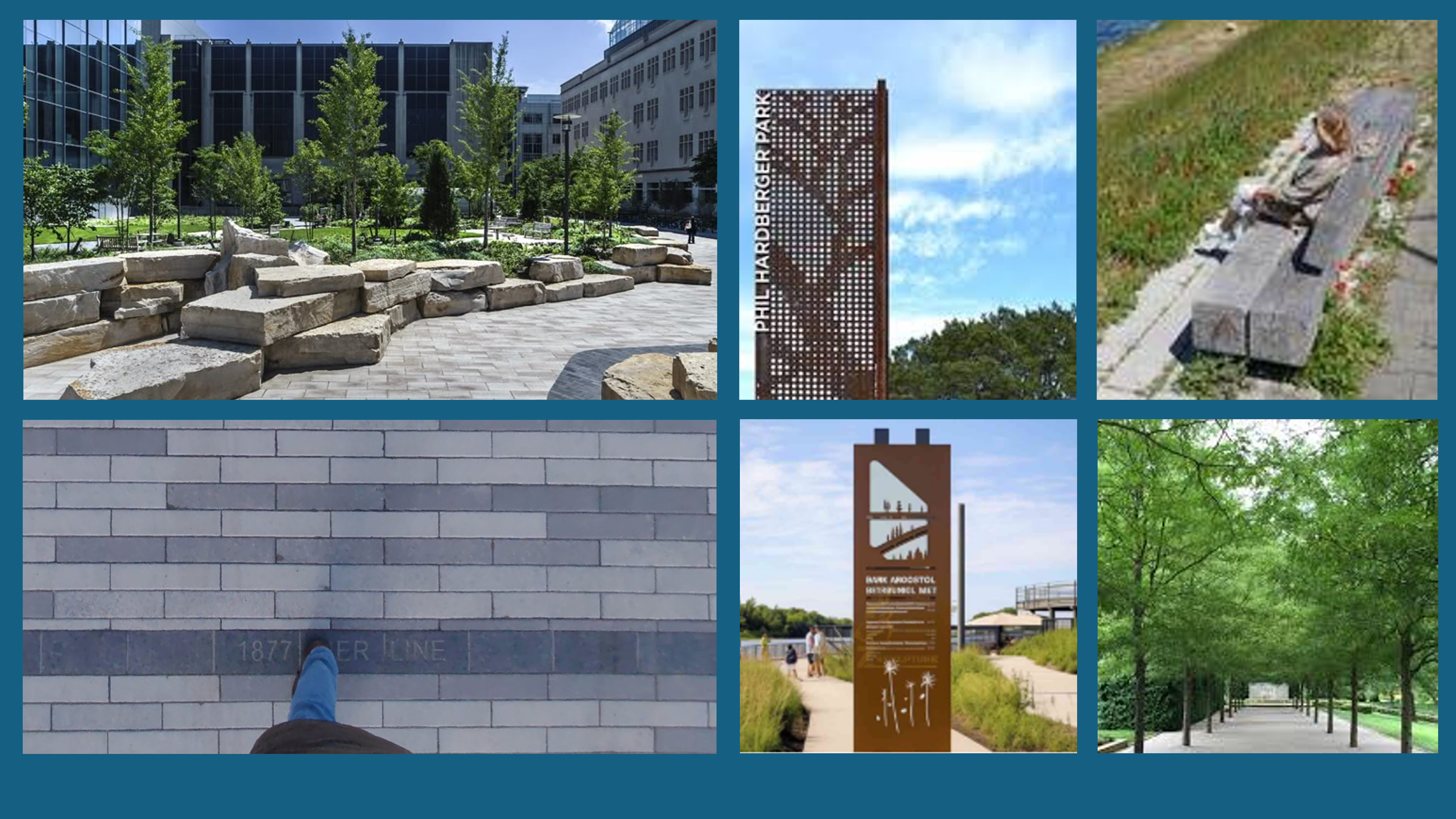 Materials and design inspiration used in the Wales Alley River Gateway elements.