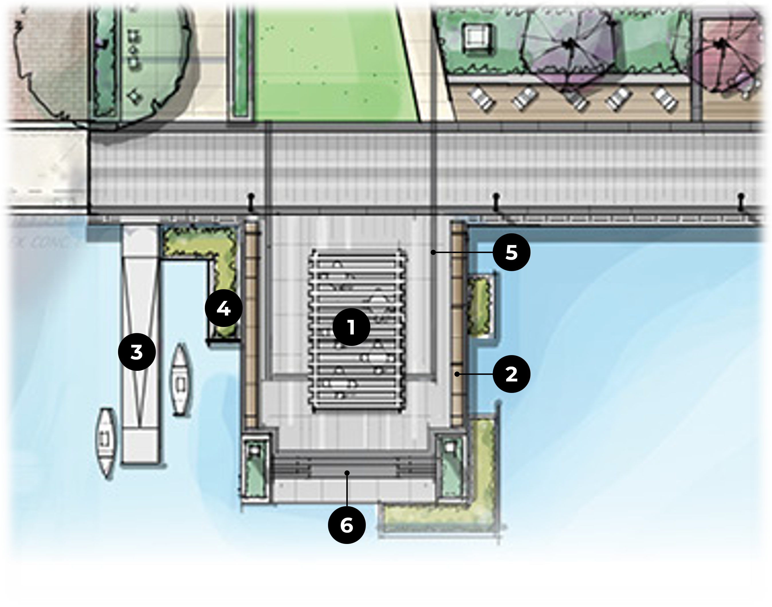 Bird's-eye view rendering of proposed landscape improvements for Point Lumley Park with numbers listing the park's Wharf elements.