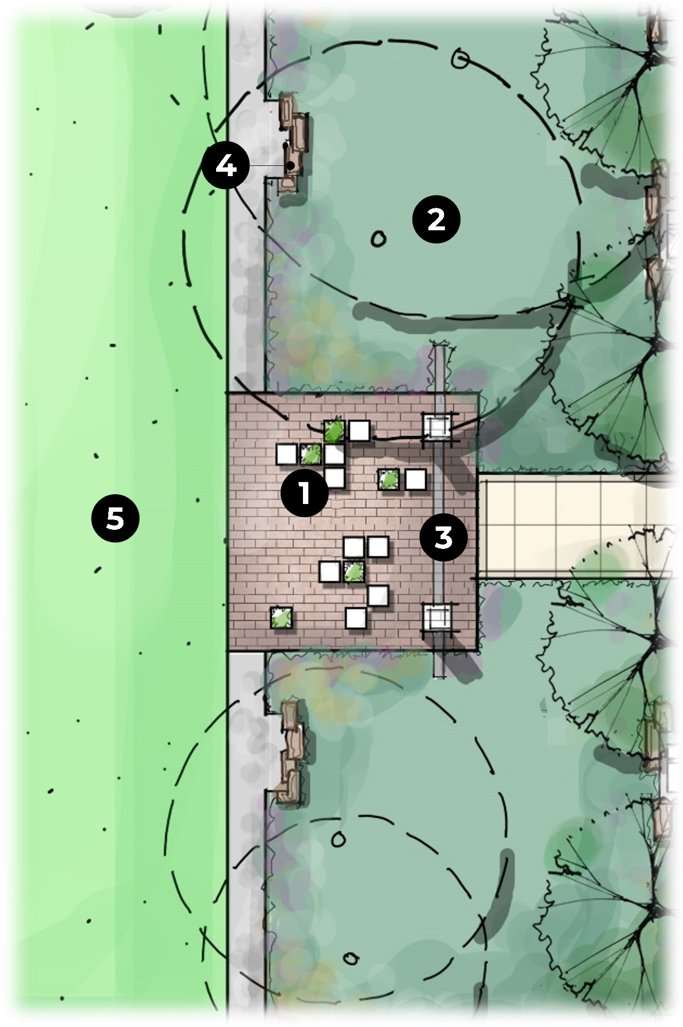 Rendering map of the Waterfront Park Arrival Plaza area with components numbered.