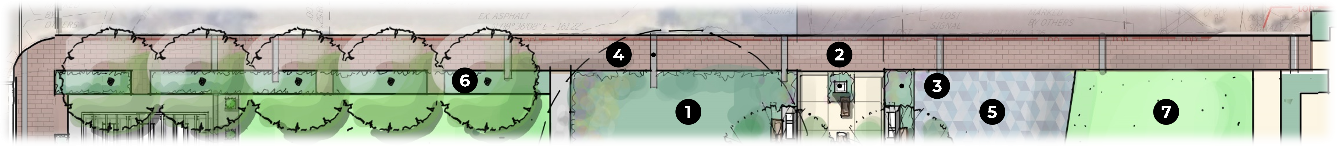 Rendering map of the Waterfront Strand Street Walkway area with components numbered.
