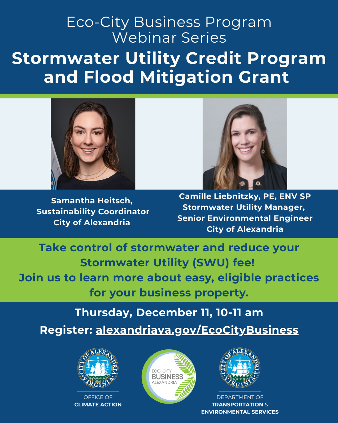 Flyer for the stormwater utility credit program and flood mitigation grant webinar. 