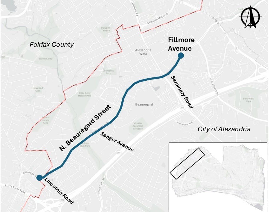 Context map showing N. Beauregard Street highlighted between Fillmore Avenue in the north and the Fairfax County border in the south.