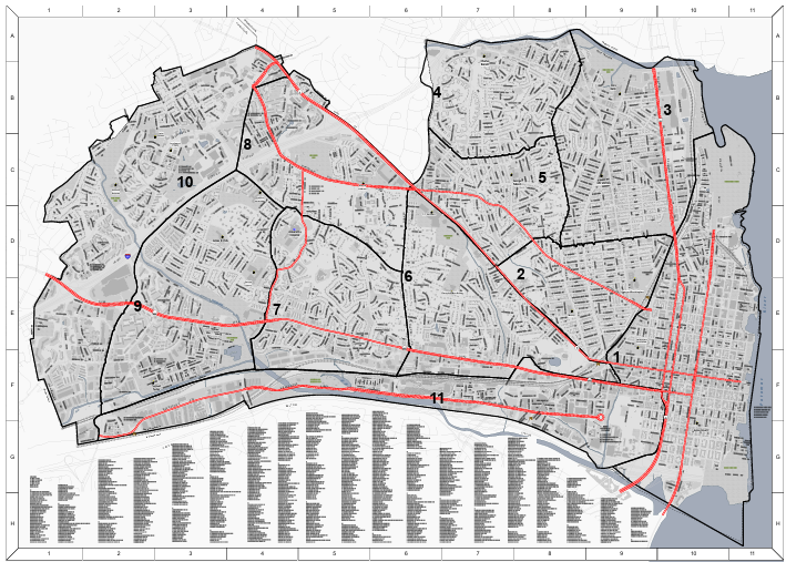 A detailed map of the City of Alexandria showing emergency snow routes highlighted in red. The layout includes streets, block details, and a legend at the bottom indexing the map sections.