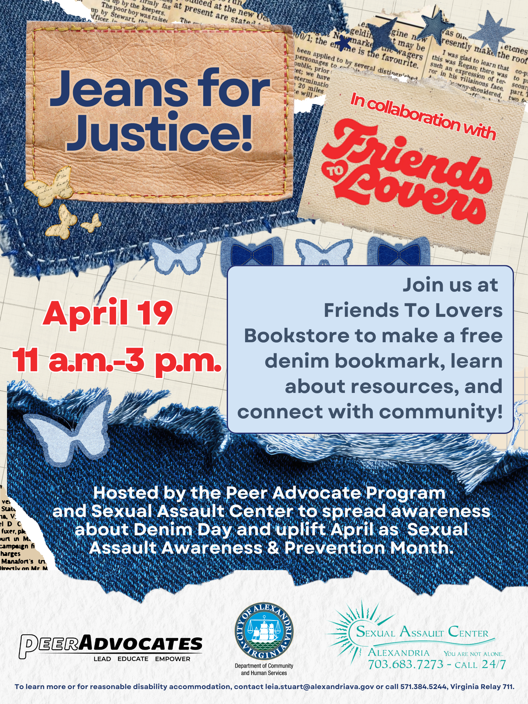 Colorful flyer for Jeans for Justice event, to be held April 19, 11am-3pm at Friends to Lovers Bookstore