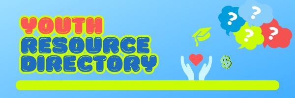 Banner graphic for Youth Resource Directory with bubble letters and question marks