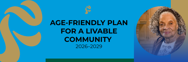 Age-Friendly Plan banner with photo of woman with long gray curls