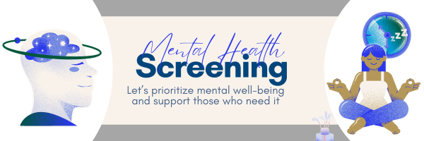 Banner for MH Screening showing illustration of woman in seated yoga pose and a man with swirls around his head