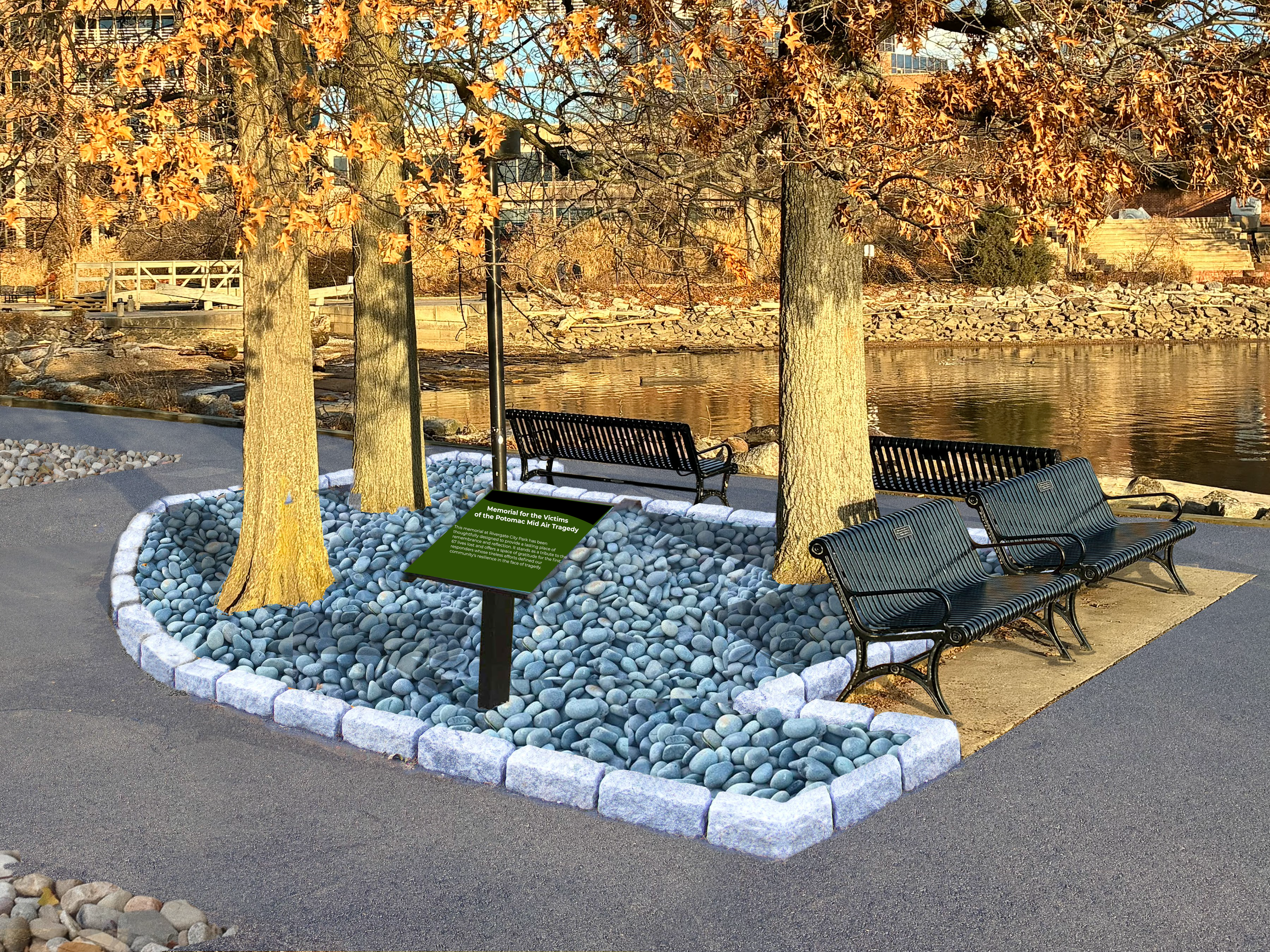 picture of a memorial with a sign, surrounded by trees, four benches a sign and river rocks