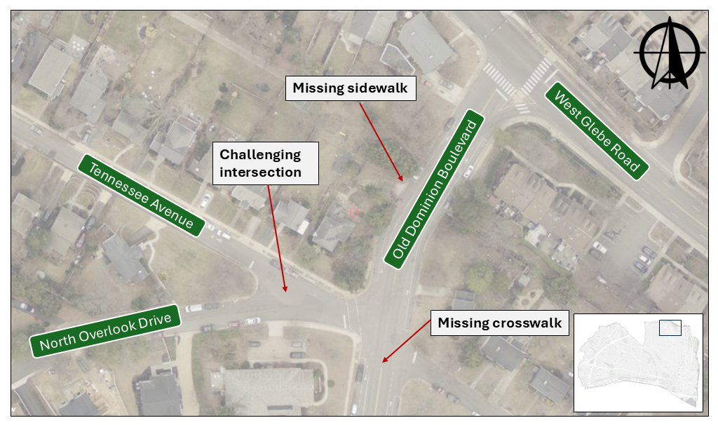 Map of potential safety improvements near Old Dominion Boulevard, Tennessee Avenue, and North Overlook Drive addressing a challenging intersection, missing sidewalk and missing crosswalk.