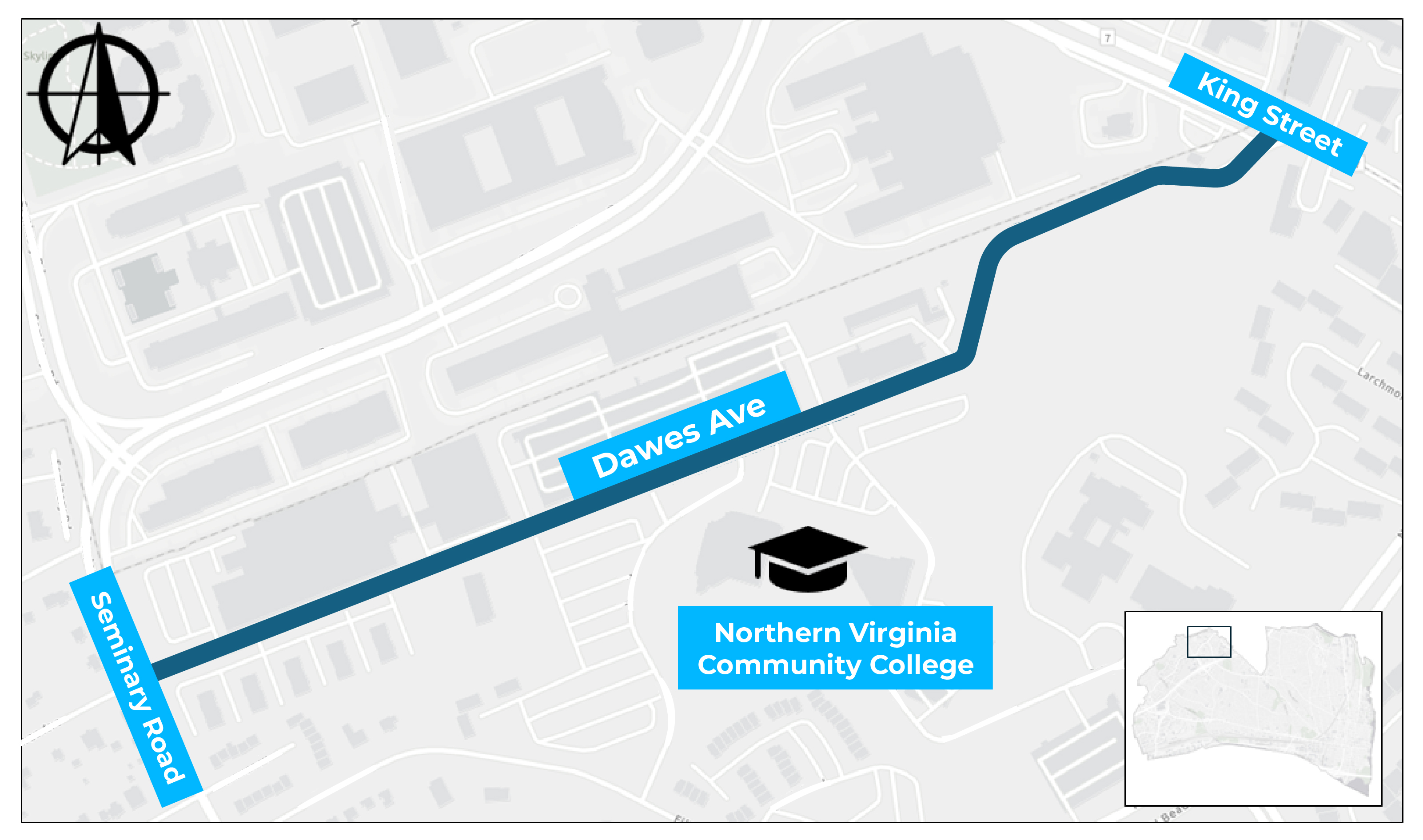 Map of potential safety improvements along Dawes Avenue to support safer walking, biking, driving, and bus access along the corridor.