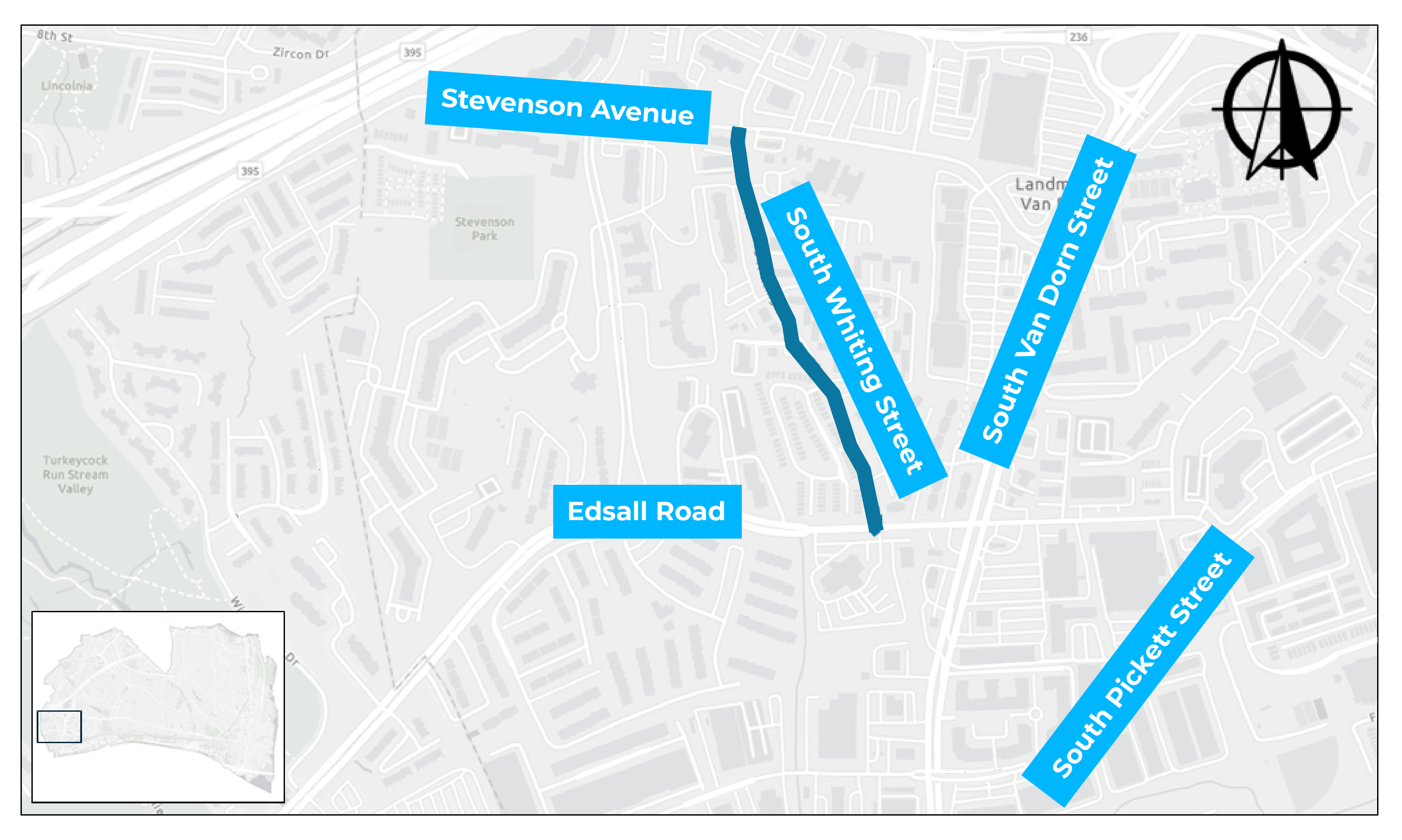 Map of potential safety improvements along South Whiting Street to support safer walking, biking, driving, and bus access along the corridor.