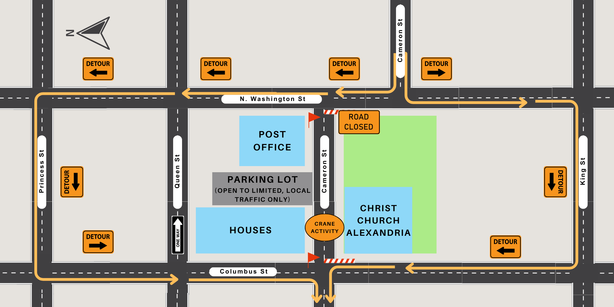 Map of crane activity on the 700 block of Cameron Street showing detour routes left on North Washington Street to King Street and Columbus Street and right on North Washington Street to Princess Street and Columbus Street.