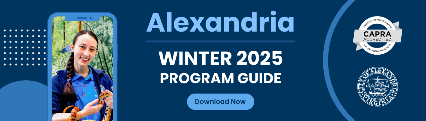 Program Guide image on the left in a phone mockup with the words Alexandria Winter 2025 Program Guide, the CAPRA and City of Alexandria logos on the right