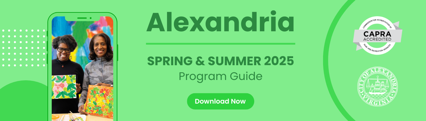Image of two ladies holding paintings with words Alexandria Spring & Summer 2025 Program Guide