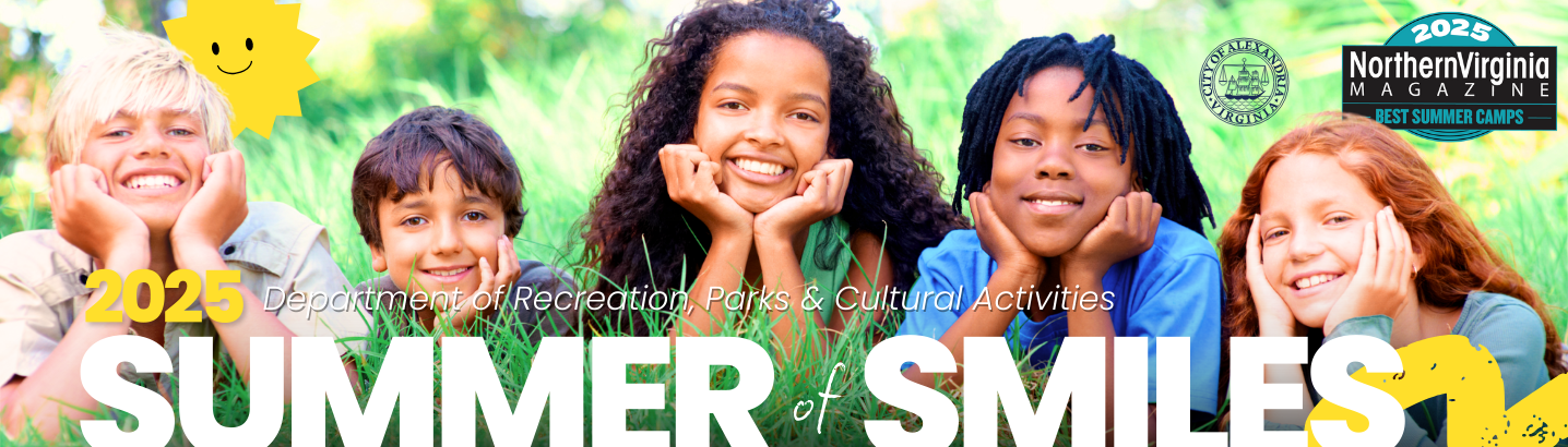 Five kids smiling with their hands under their cheeks and elbows on the grass. Words 2025 Summer of Smiles on the bottom