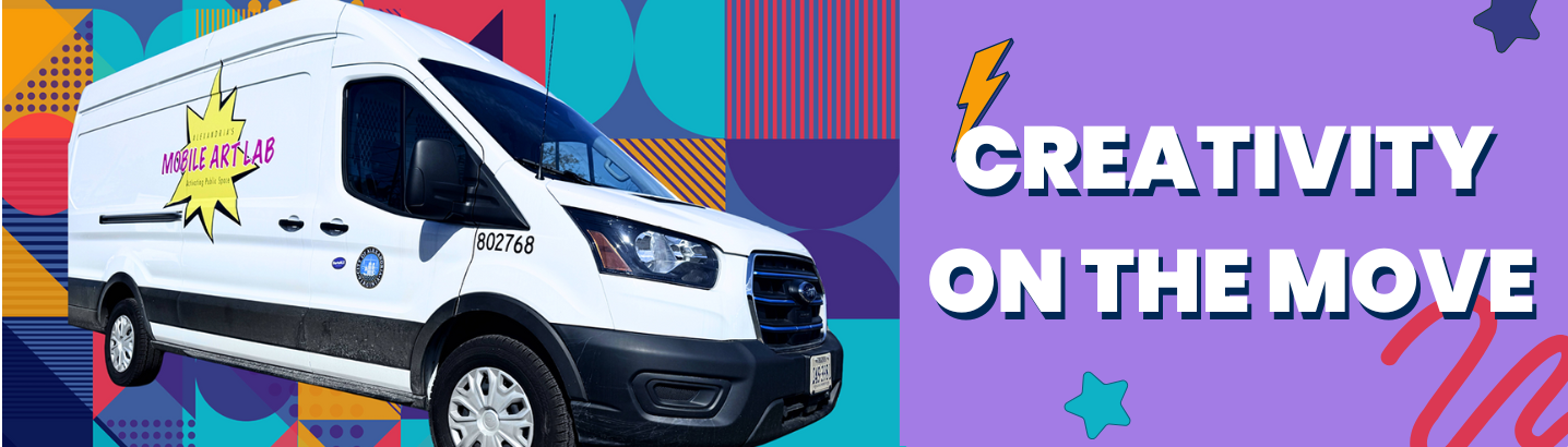 White van with Mobile Art Lab logo overlayed on a colorful graphic background