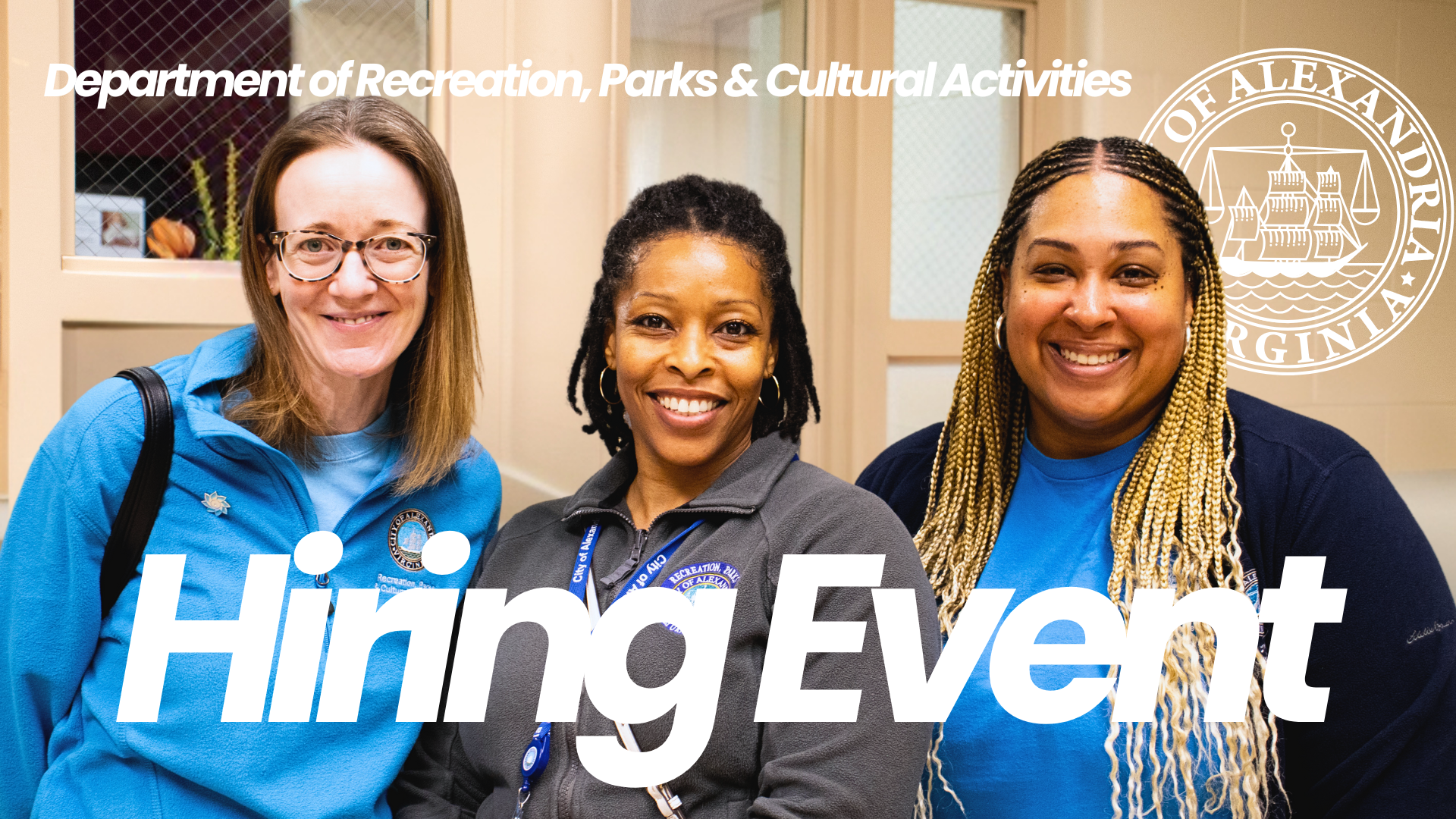 Hiring Event words overlaid on an image of three City staff