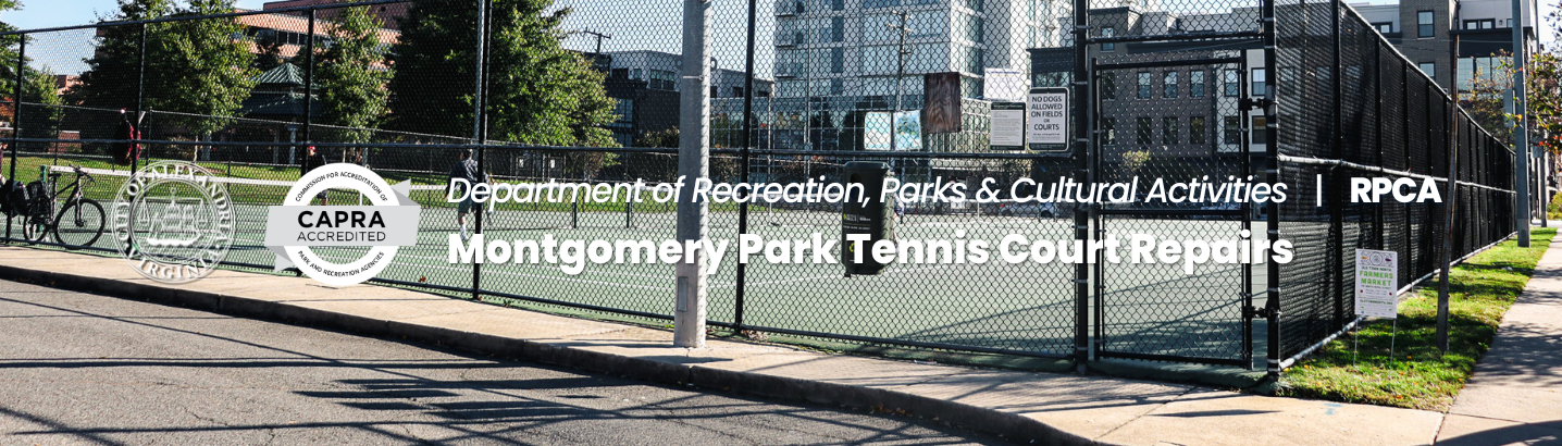 Image of the Montgomery Park tennis court and the words RPCA and Montgomery Park Tennis Court Repairs with the COA and CAPRA logos on the left