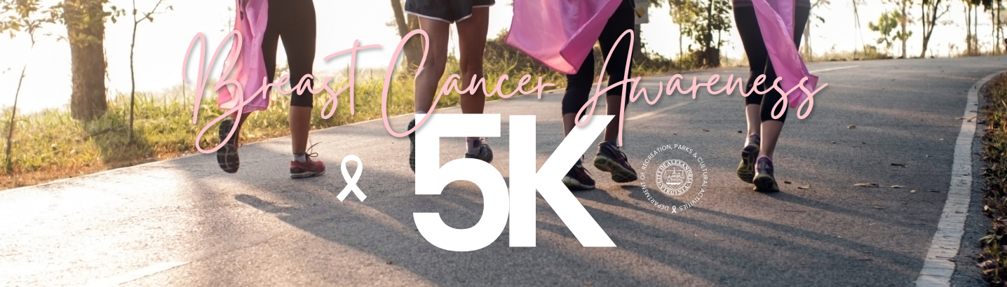 Image of 4 individuals showing only their legs while running/walking with pink capes and the words breast cancer awareness 5K laid on top