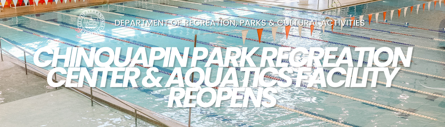 Image of the Rixse pool at Chinquapin Rec Center with the City seal overlaid on top and the words Department of Recreation, Parks & Cultural Activities Chinquapin Park Recreation Center & Aquatics Facility Reopens