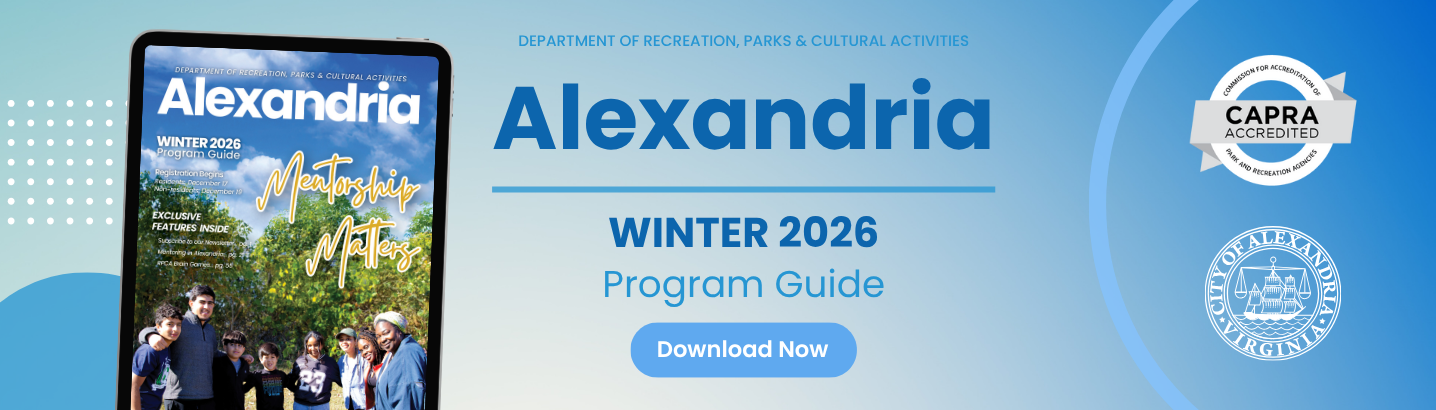 The background is an ombre blue with round shapes in small and large sizes. There's an ipad on the left showing the front cover of the RPCA Winter 2026 Program Guide and the Department's name on the top middle. Right below is the word Alexandria in a large font, then a line underneath, then the words Winter 2026 Program Guide in smaller font. An oval shape has the words Download Now at the bottom middle. On the top right is the white Capra logo with the same size, white City seal below it.