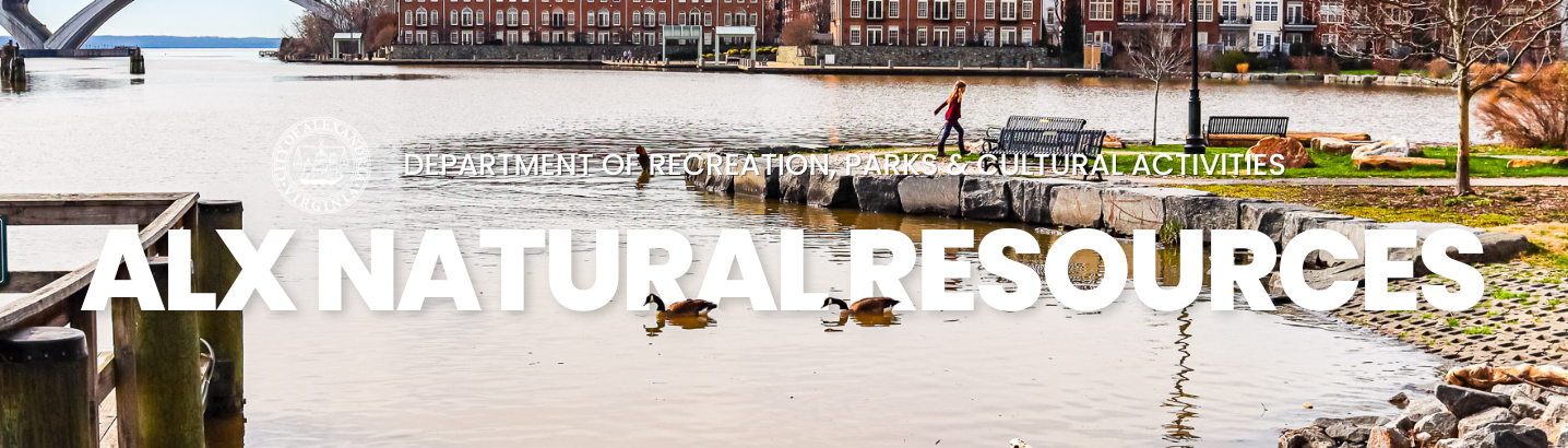 Image of a waterfront park with the City seal laid on top and the words Department of Recreation, Parks & Cultural Activities ALX Natural Resources in white
