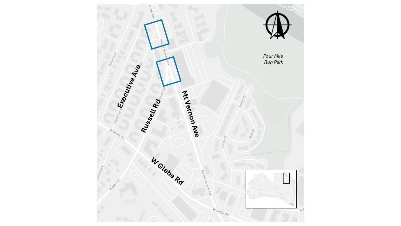 Context map showing Mount Vernon Avenue with the intersections of Executive Avenue and Russell Road highlighted.