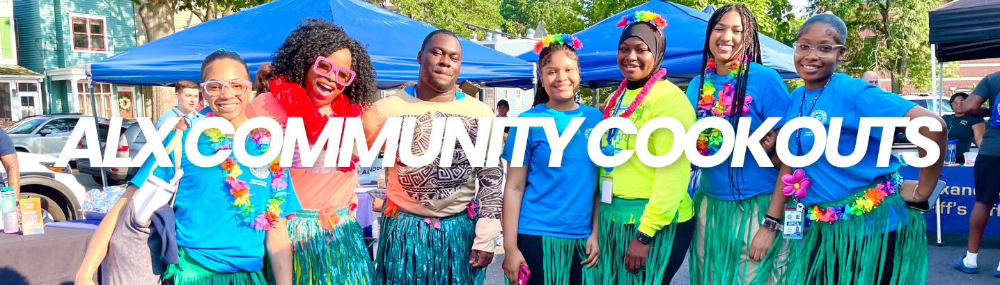 ALX Community Cookouts words on top of a group of RPCA staff wearing blue shirts and grass skirts looking very festive