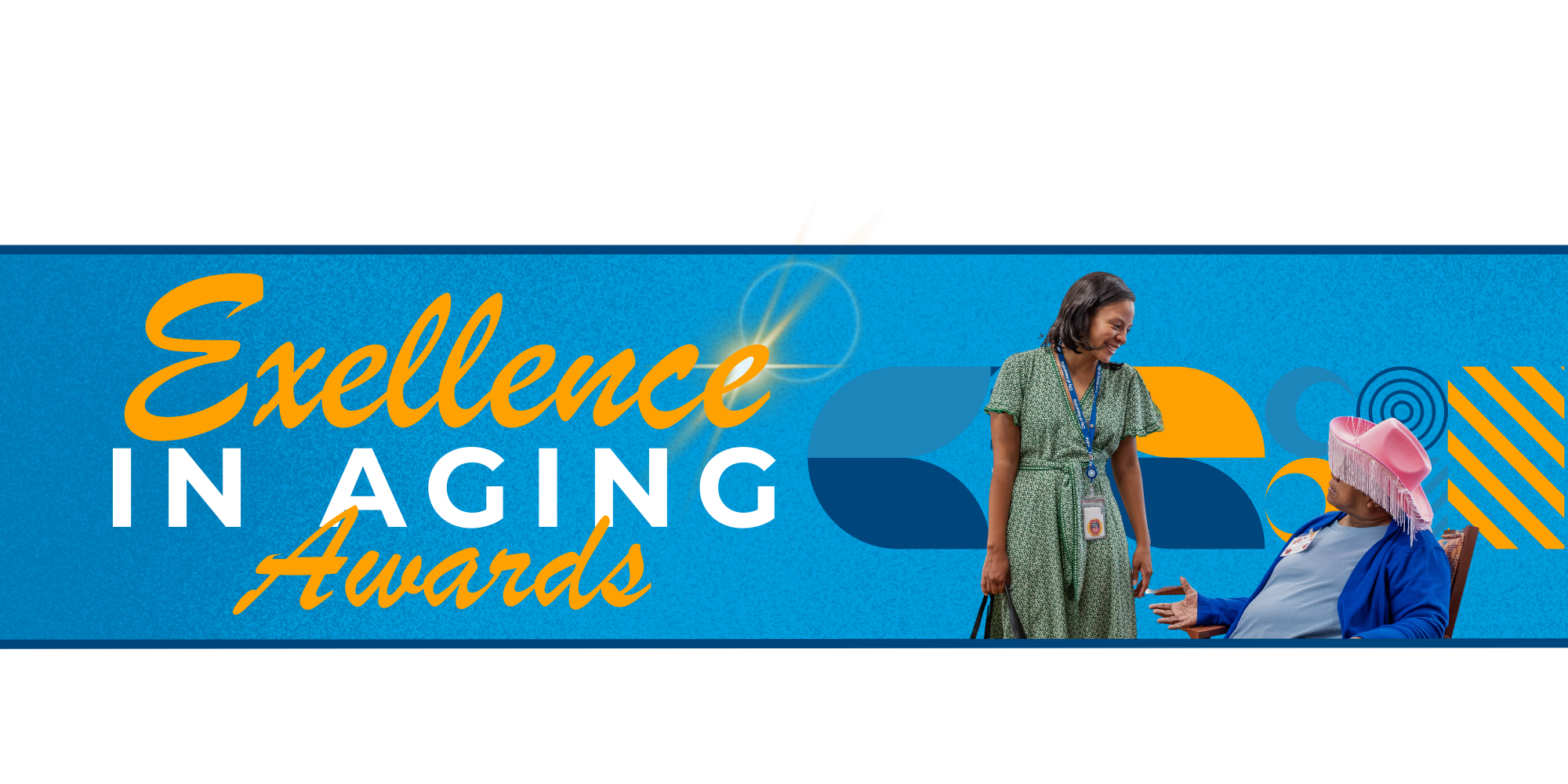 Banner showing Mayor Gaskins with older adults sitting and smiling at one another wearing pink cowboy hats with tassles