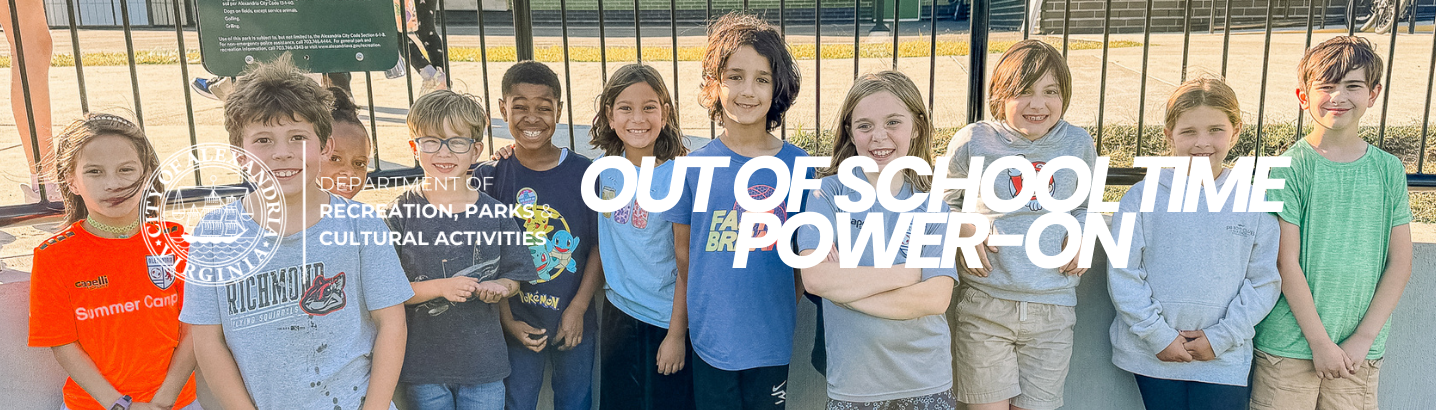 Group of kids from OSTP and the City logo designation on the left with the words Out of School Time Power-On in white letters laid on top
