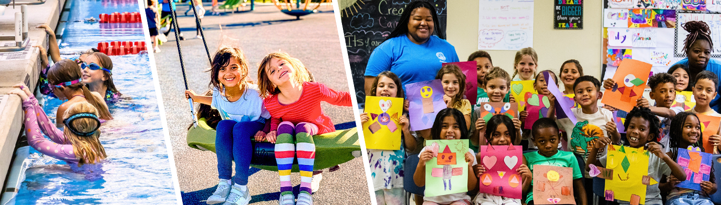 Three images of summer camps featuring kids in the swimming pool, kids smiling at the camera while on a disc swing, and a group of kids and their RPCA staff camp coordinators showing off their colorful artwork+
